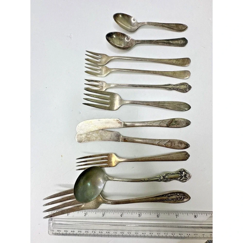 Silver Plated Flatware Lot Ladle Meat Fork Cocktail Butter Knife Spoon 11 pc VTG